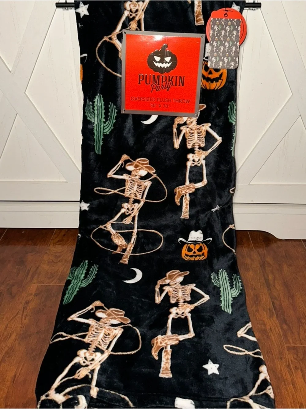 Pumpkin Party Halloween Cowboy Skeleton Plush Throw Blanket